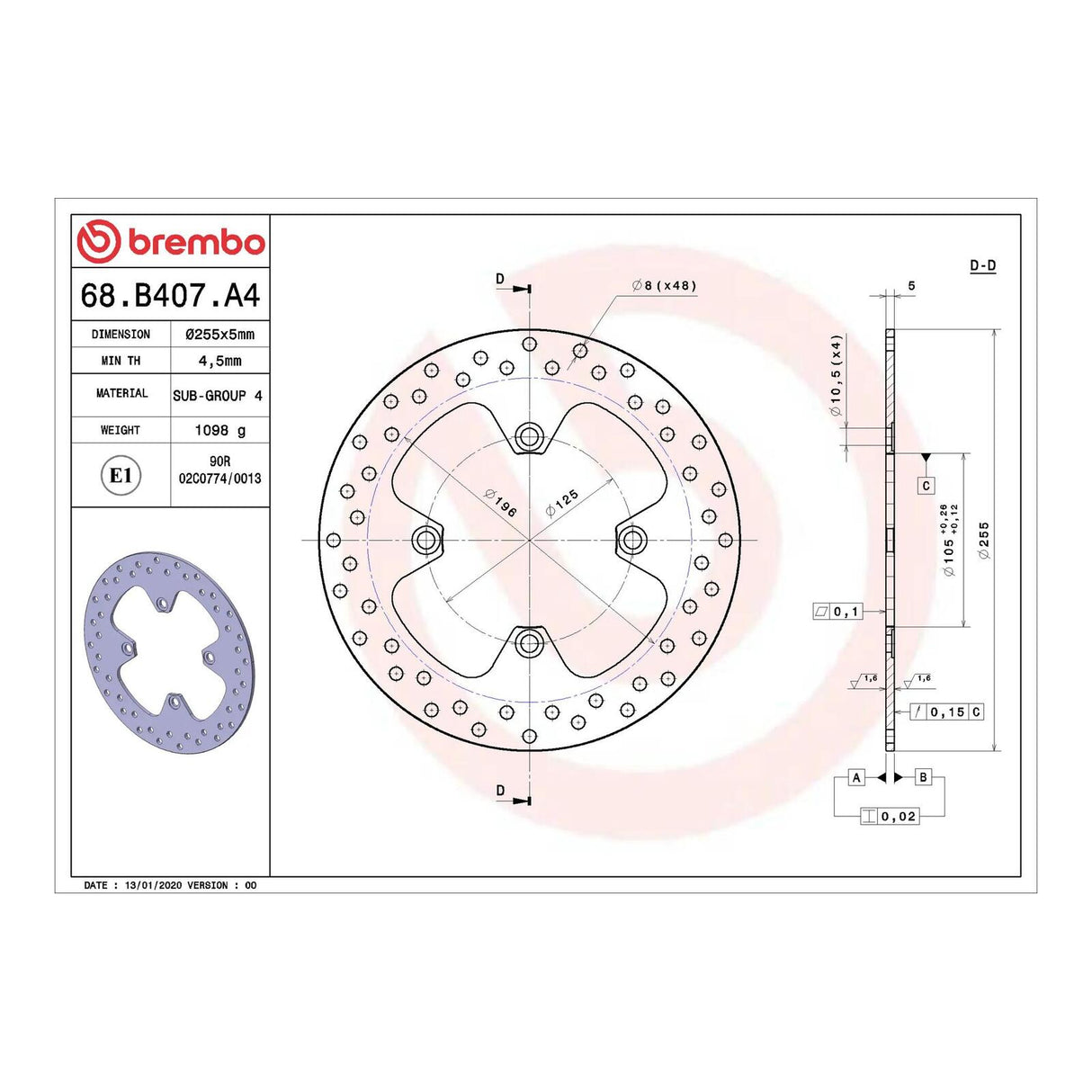 Brembo Prime Serie Oro Rear Brake Disc 68B407A4