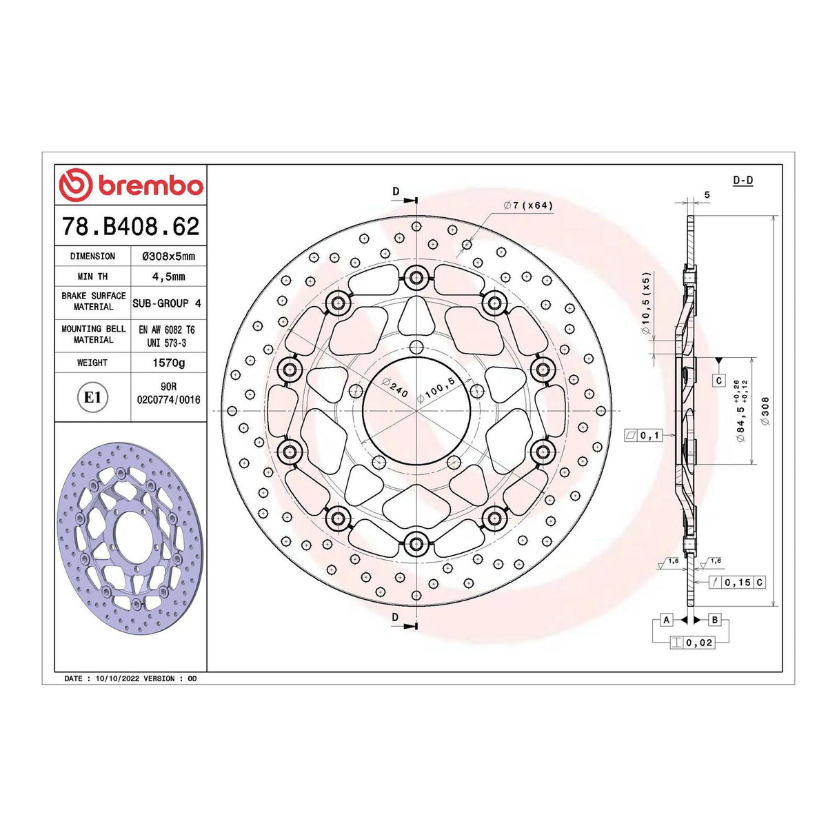 Brembo Prime Serie Oro Front Brake Disc 78B40862