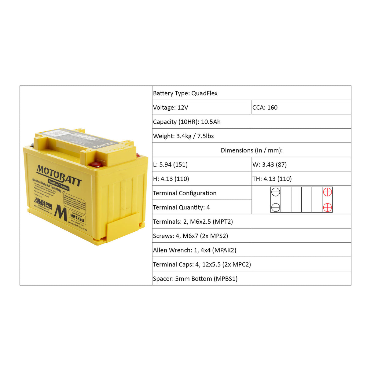 Motobatt Battery Quadflex AGM - MBTX9U