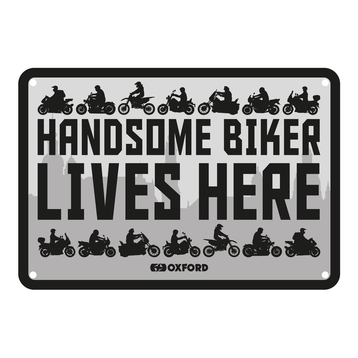 Oxford Garage Metal Sign: Handsome Biker Lives Here