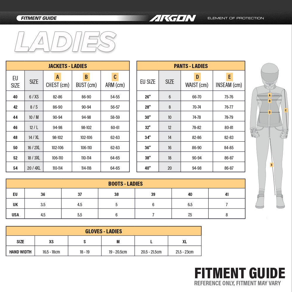 ARGON Fitment Guide - Ladies
