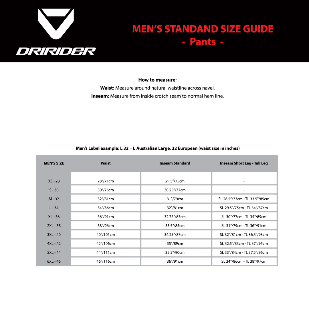 DRIRIDER Size Chart - Mens Pants