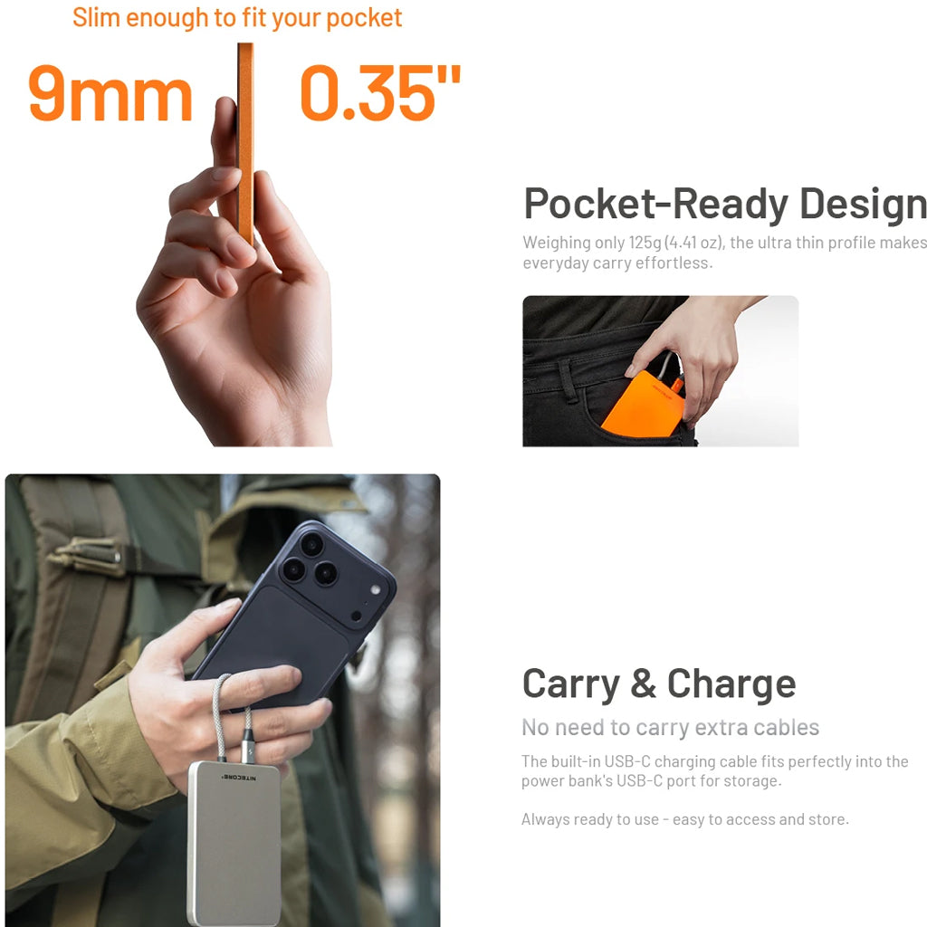 NITECORE 5,000MAH MAGNETIC ULTRA THIN POWER BANK BUILT-IN USB C TITANIUM GRAY