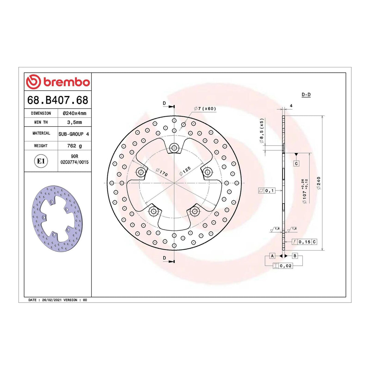 Brembo Prime Serie Oro Rear Brake Disc 68B40768