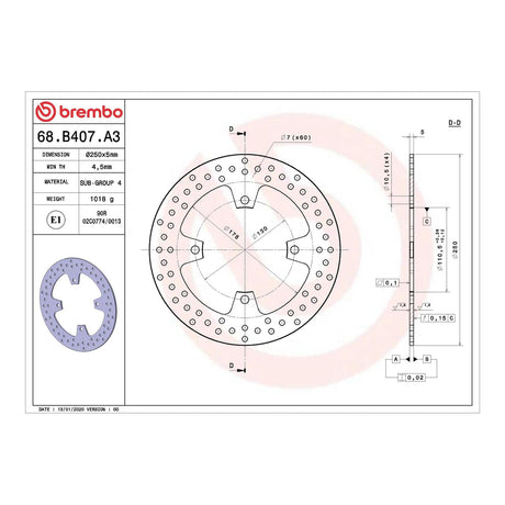 Brembo Prime Serie Oro Rear Brake Disc 68B407A3