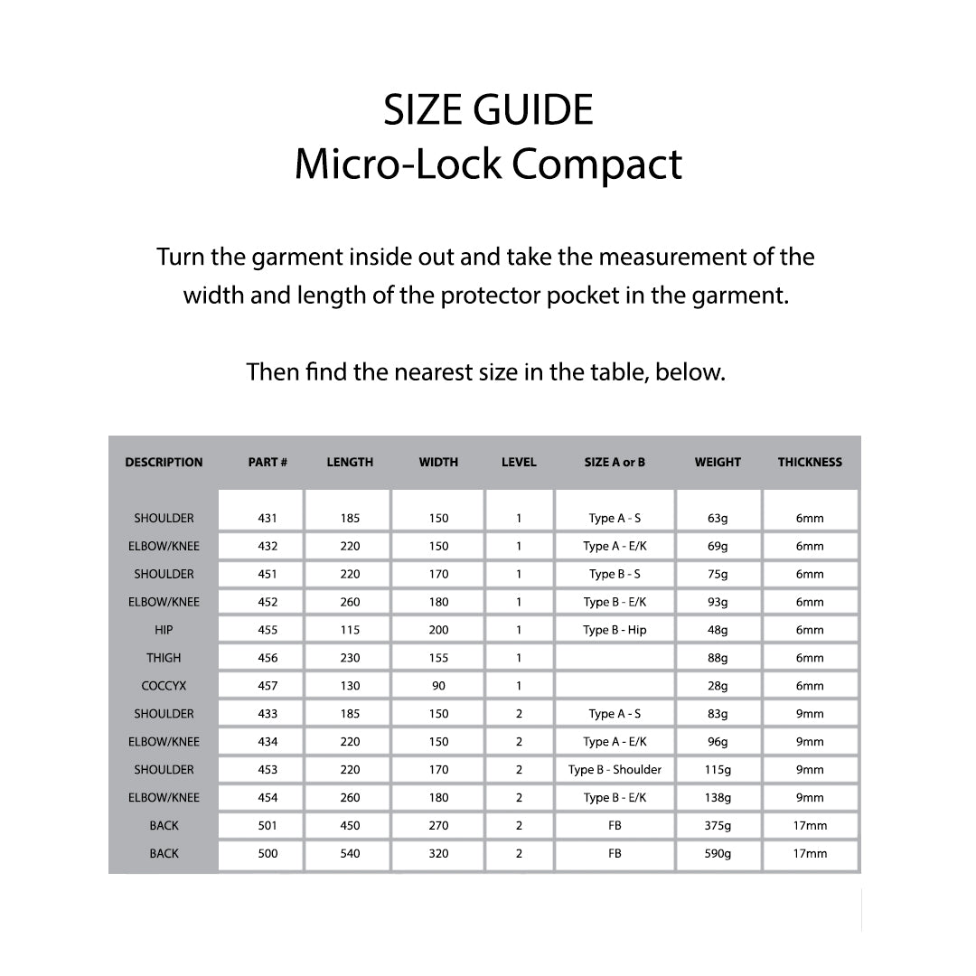 KNOX Size Chart - MicroLock Compact
