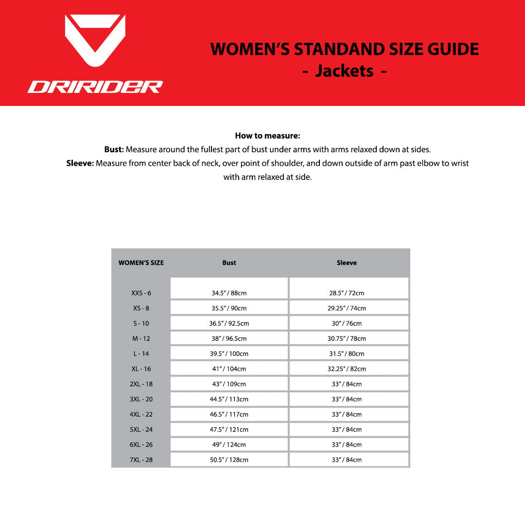 DRIRIDER Size Chart - Womens Jackets