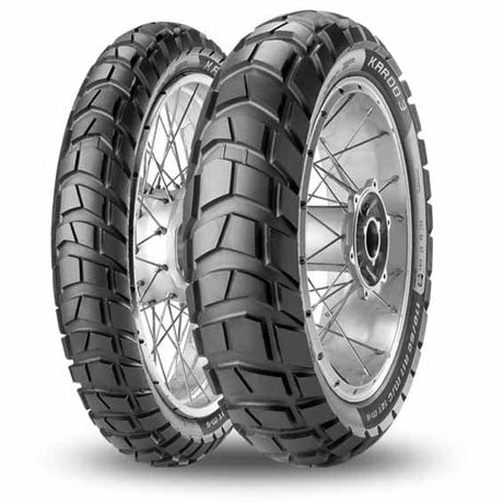 Metzeler Karoo 3 dual-sport motorcycle tyres in sizes 150/70-17 rear and 90/90-21 front, displaying aggressive tread pattern for versatile off-road and on-road performance.
