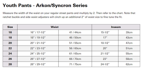 ANSWER Youth Pants Size Chart