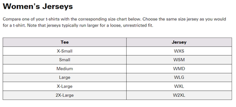 ANSWER Womens Jerseys Size Chart