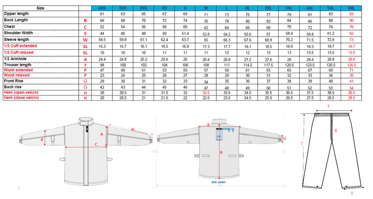 Size chart rain suits